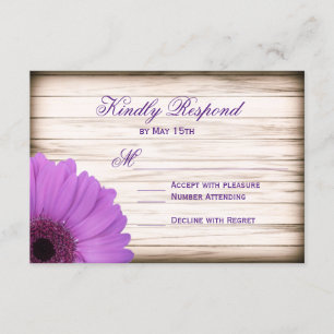 Purple Daisy Rustic Wood Wedding RSVP Cards