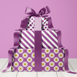 Purple Daisy Striped and Polka Dot Wrapping Paper Sheet