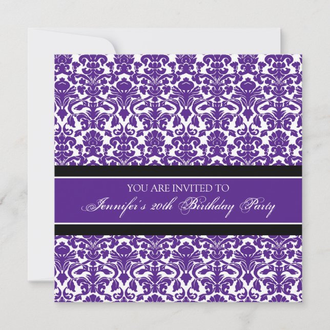 Purple Damask 20th Birthday Party Invitations (Front)