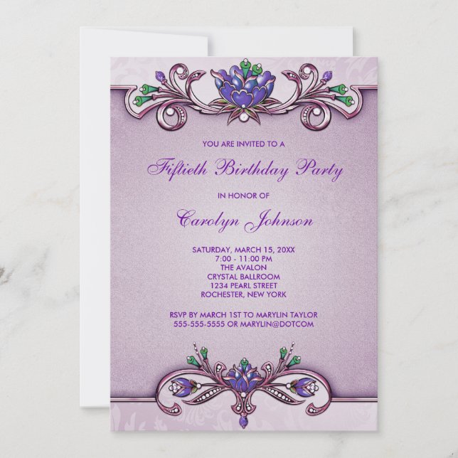 Purple Damask 50th Birthday Party Invitation (Front)