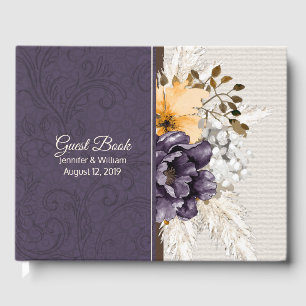 Purple Damask and Fall Flowers Wedding Guest Book