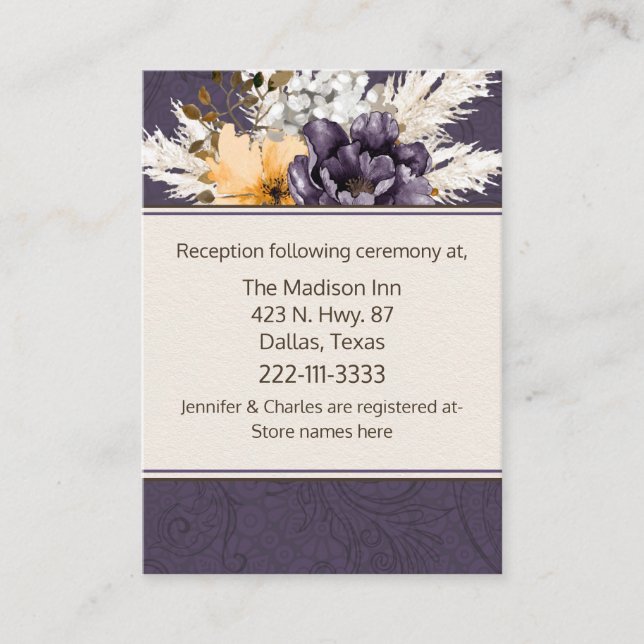 Purple Damask and Ivory Fall Wedding Enclosure Card (Front)