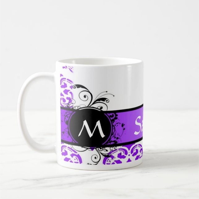 Purple damask and monogram coffee mug (Left)