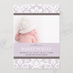 PURPLE DAMASK BABY   BIRTH ANNOUNCEMENT