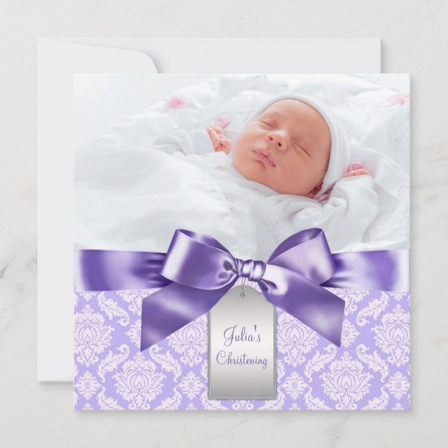 Purple Damask Baby Girl Photo Baptism Christening Invitation (Front)