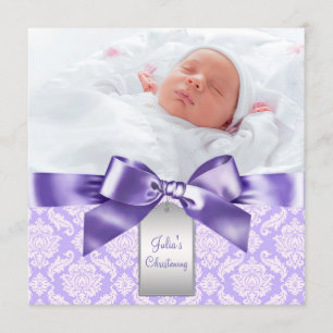 Purple Damask Baby Girl Photo Baptism Christening Invitation