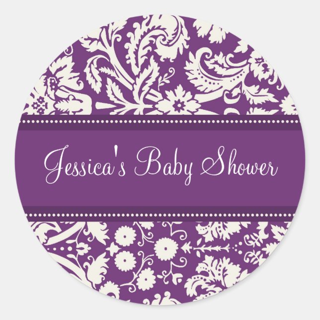 Purple Damask Baby Shower Favour Stickers (Front)
