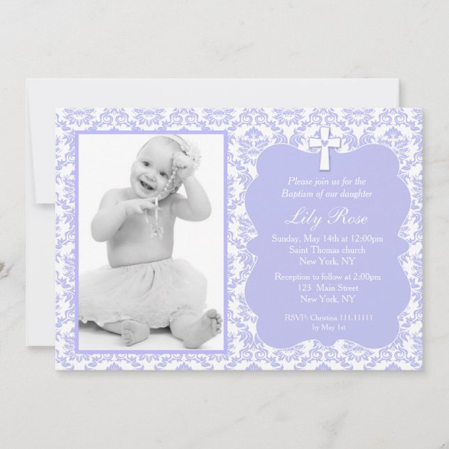 Purple Damask Baptism Invitations for Girl (Front)