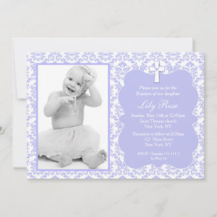 Purple Damask Baptism Invitations for Girl