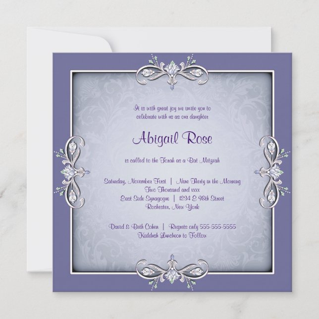 Purple Damask Bat Mitzvah Invitation (Front)