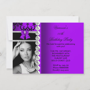 Purple Damask Black Jewel Bow Birthday Photo Invitation