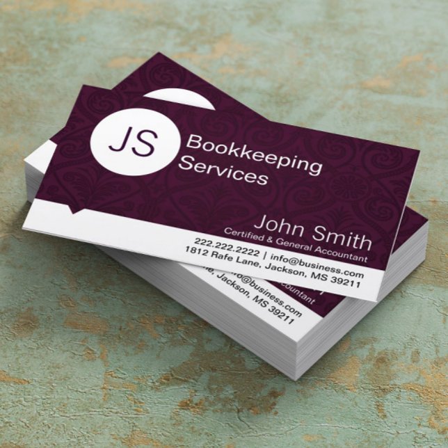 Purple Damask Bookkeeping/Accounting business card (Creator Uploaded)