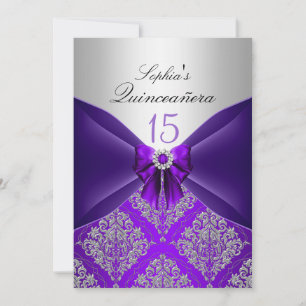 Purple Damask & Bow Quinceanera Announcements
