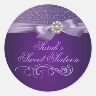 Purple Damask & Bow Sweet 16 Envelope Sticker