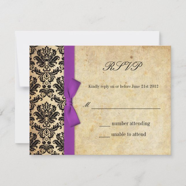 Purple Damask Bow Wedding RSVP (Front)