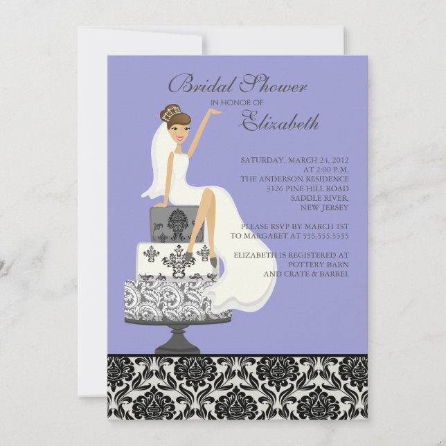 Purple Damask Brunette Bride Bridal Shower Invitation (Front)