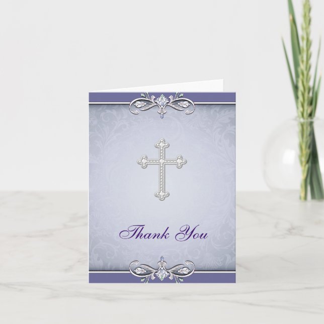 Purple Damask Christian Cross Thank You (Front)