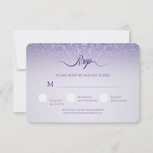 Purple Damask Circle RSVP Wedding Card (Front)