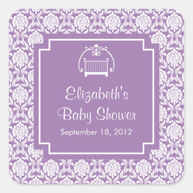 Purple Damask Crib Baby Shower Square Sticker (Front)