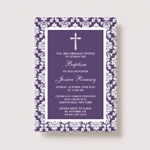Purple Damask Cross Baptism Or Christening Invitation