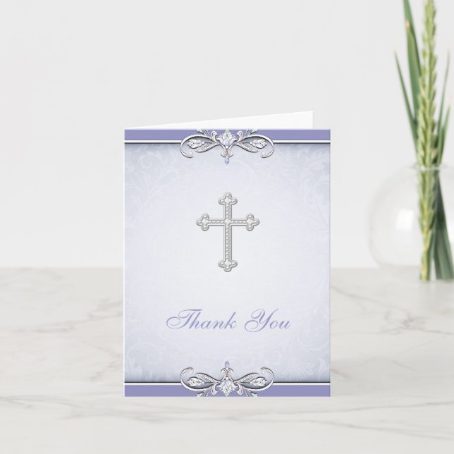 Purple Damask Cross Christian Thank You Card (Front)