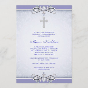 Purple Damask Cross First Communion Invitation