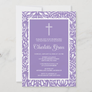 Purple Damask Cross Girl Baptism Christening Invitation
