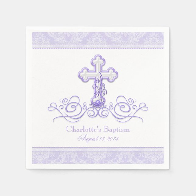 Purple Damask Cross Girls Baptism Communion Napkin (Front)