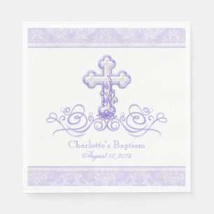 Purple Damask Cross Girls Baptism Communion Napkin