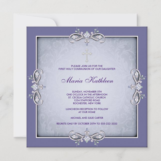 Purple Damask Cross Girls First Communion Invitation (Front)