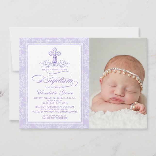 Purple Damask Cross Girls Photo Baptism Invitation (Front)