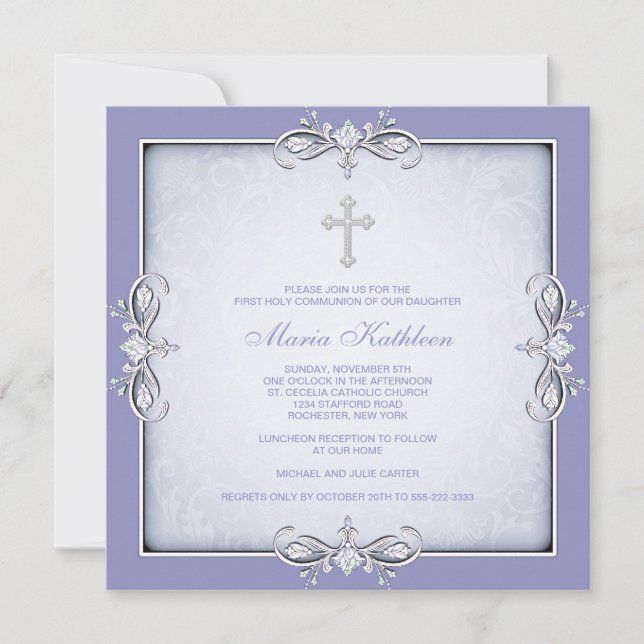 Purple Damask Cross Girls Purple First Communion Invitation (Front)