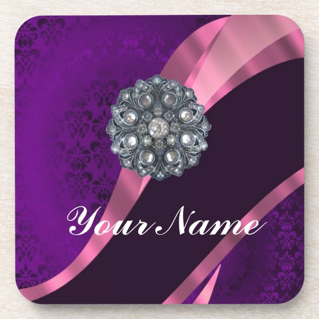Purple damask & crystal coaster (Front)