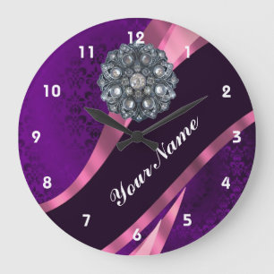 Purple damask & crystal large clock