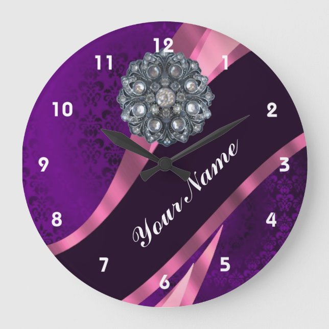 Purple damask & crystal large clock (Front)