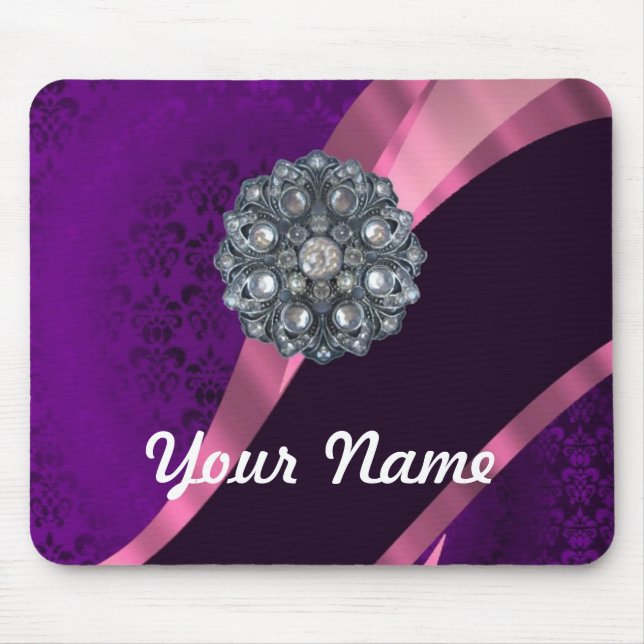 Purple damask & crystal mouse mat (Front)