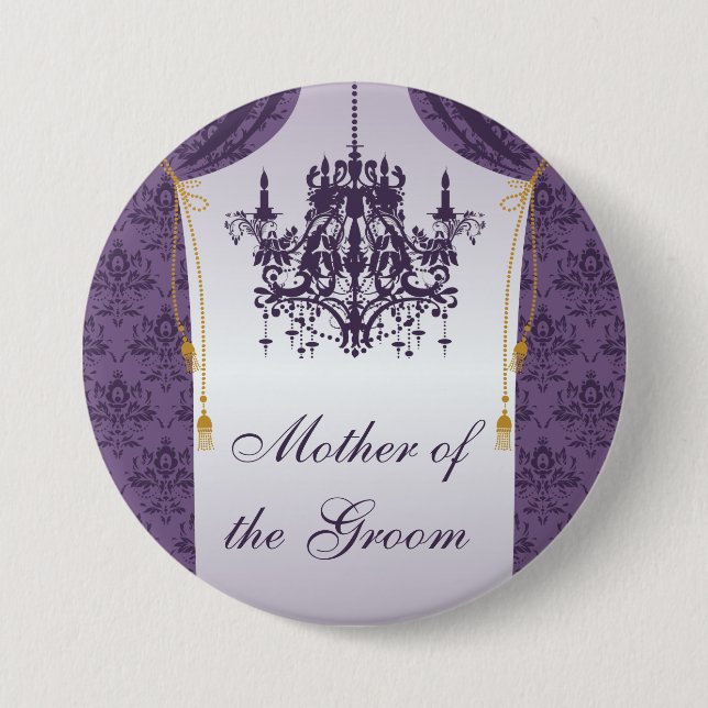 Purple Damask Curtain and Chandelier Bridal Party 7.5 Cm Round Badge (Front)
