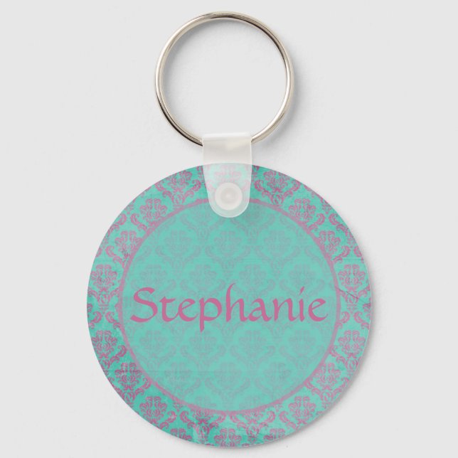 Purple Damask Customisable Name Button Keychain (Front)