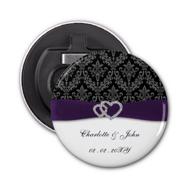 Purple Damask Diamante Wedding Bottle Opener (Front)