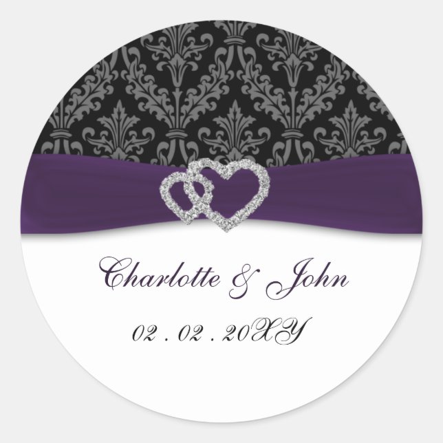 Purple Damask Diamante Wedding Classic Round Sticker (Front)