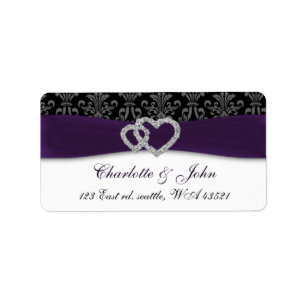 Purple Damask Diamante Wedding Label