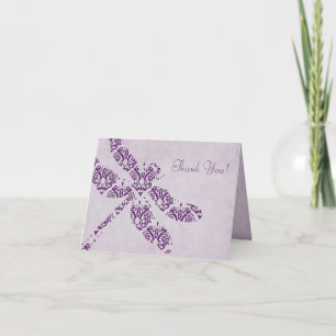 Purple Damask Dragonfly Wedding Thank You Card