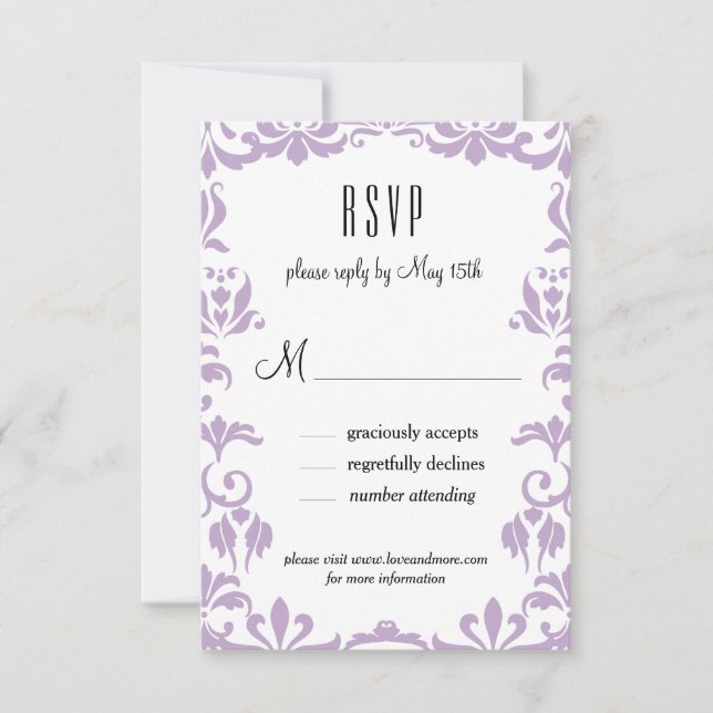 Purple Damask Elegant Calligraphy RSVP Card (Front)
