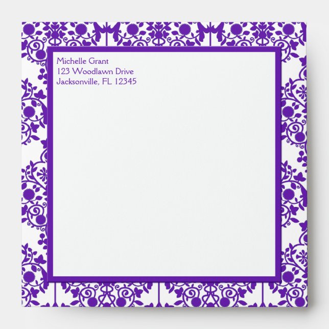 Purple Damask Envelope for 5" Square Invitation (Front)