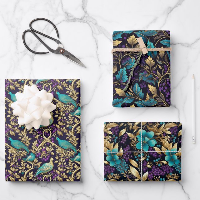 Purple Damask Floral Wrapping Paper Sheet (Front)