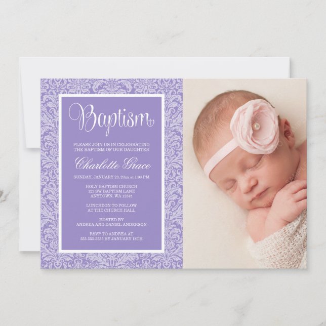 Purple Damask Girl Photo Baptism Christening Invitation (Front)