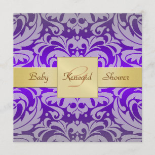 Purple Damask Gold Ribbon Baby Shower Invitation