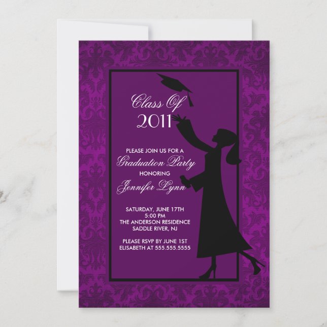 Purple Damask Graduation Invitation Graduate (Front)