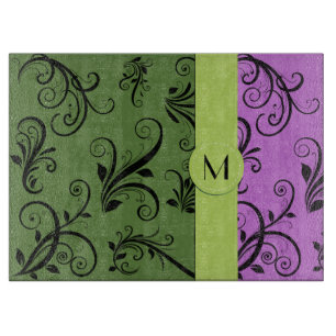 Purple Damask, Green Damask, Monogram Cutting Board