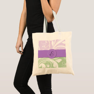 Purple Damask, Green Damask, Monogram Tote Bag